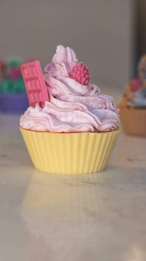 Forbidden Dessert pink and yellow cupcake-shaped soap